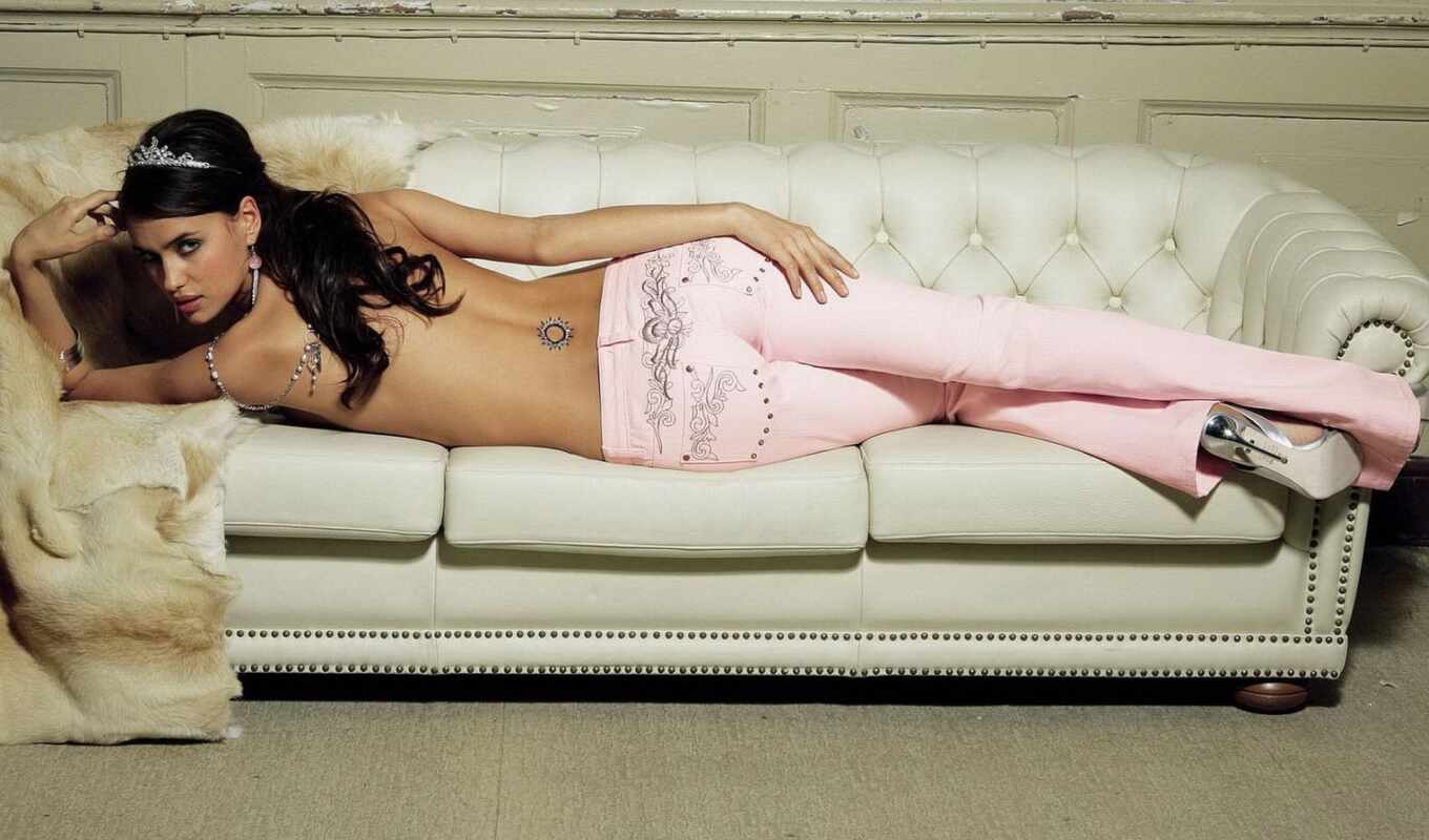 woman, pink, laying, pants, couch, decent