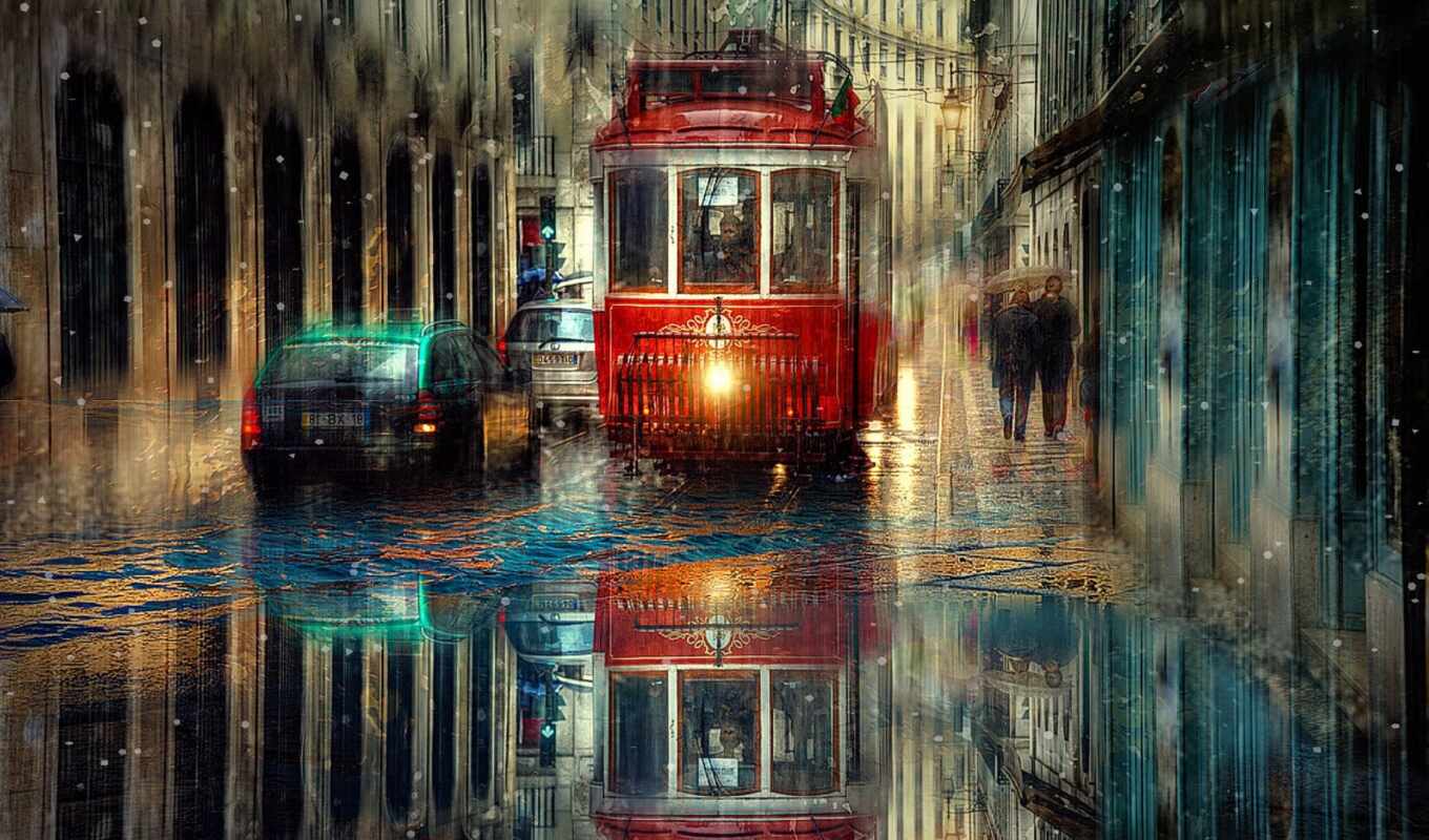 дождь, город, трамвай