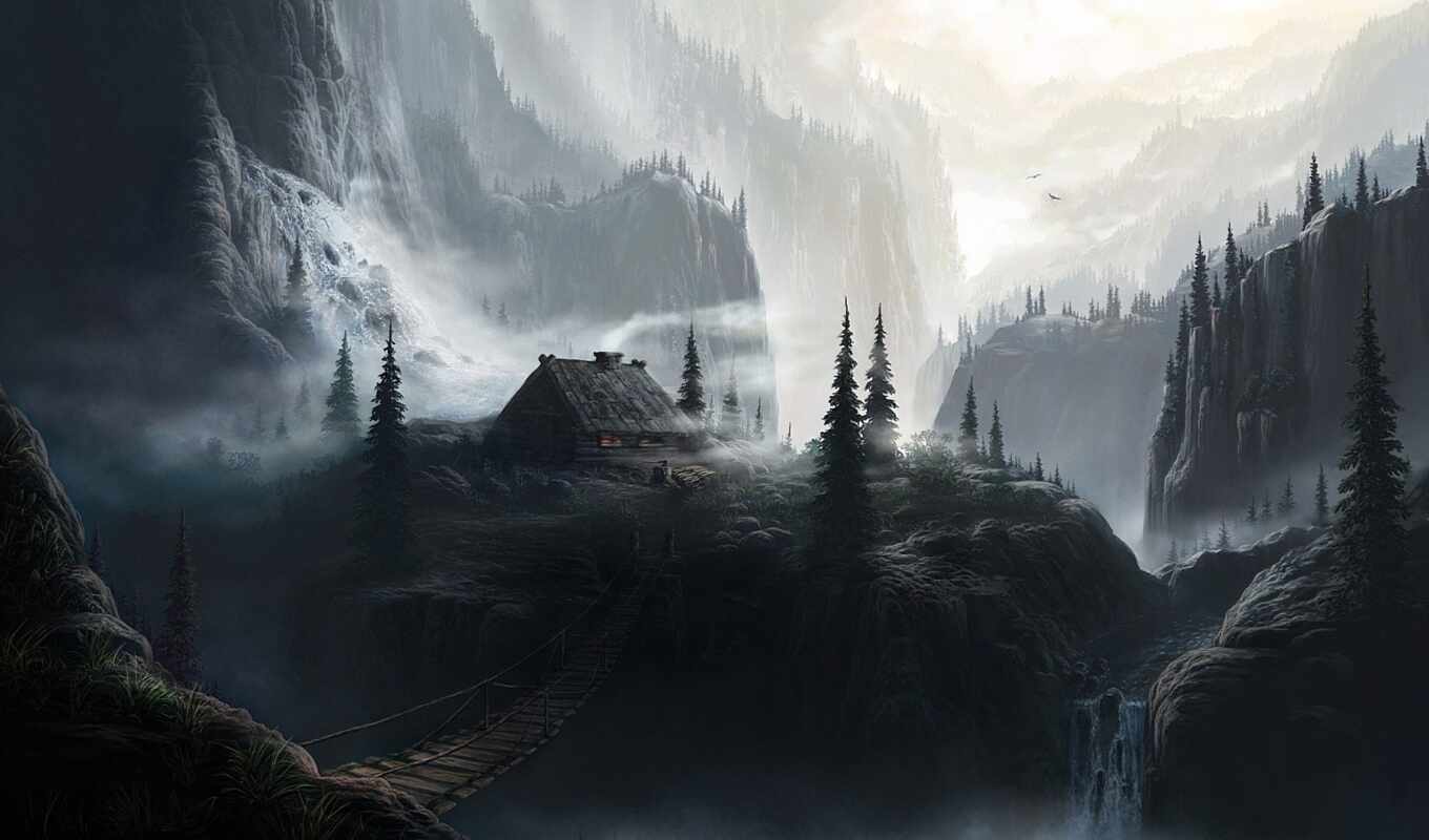 лес, гора, мост, туман