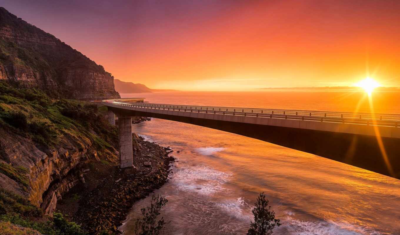 sunset, Bridge, sea, cliff