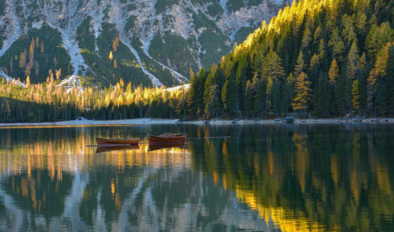 lake, water, mountain, landscape, autumn, sunrise, reflection, a boat, italy, dolomite, bray