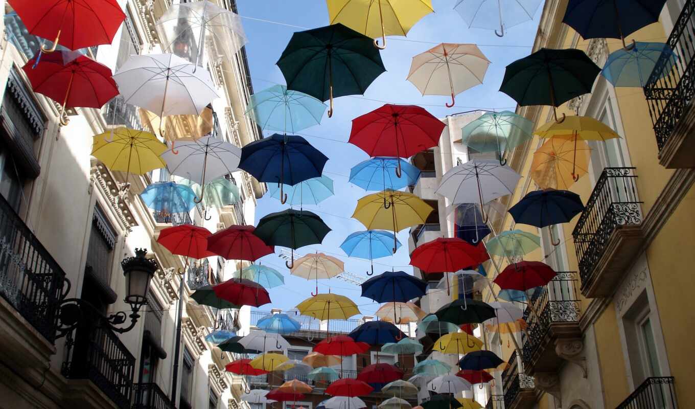 city, street, poems, umbrella, multicolored