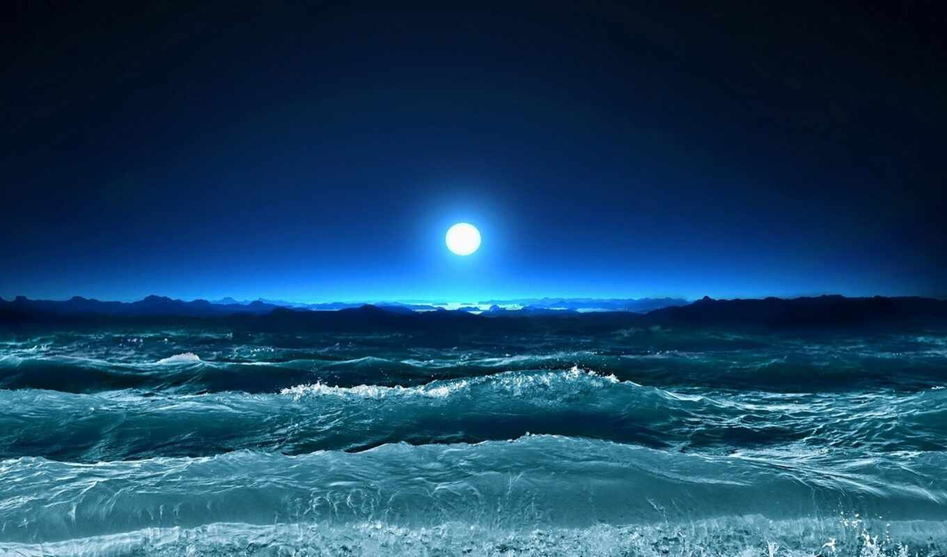 night, moon, sea