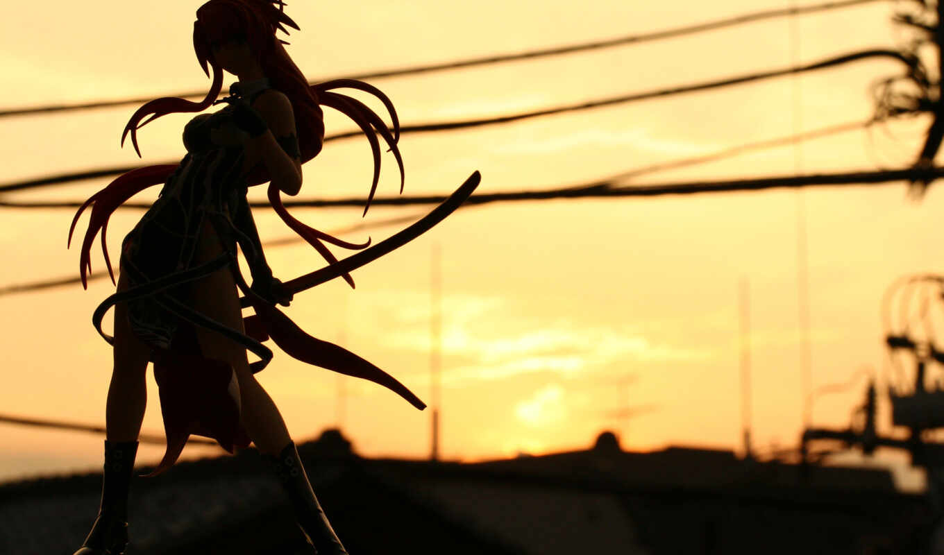 girl, sunset, road, sword, a shadow, hill, katana, ribbons