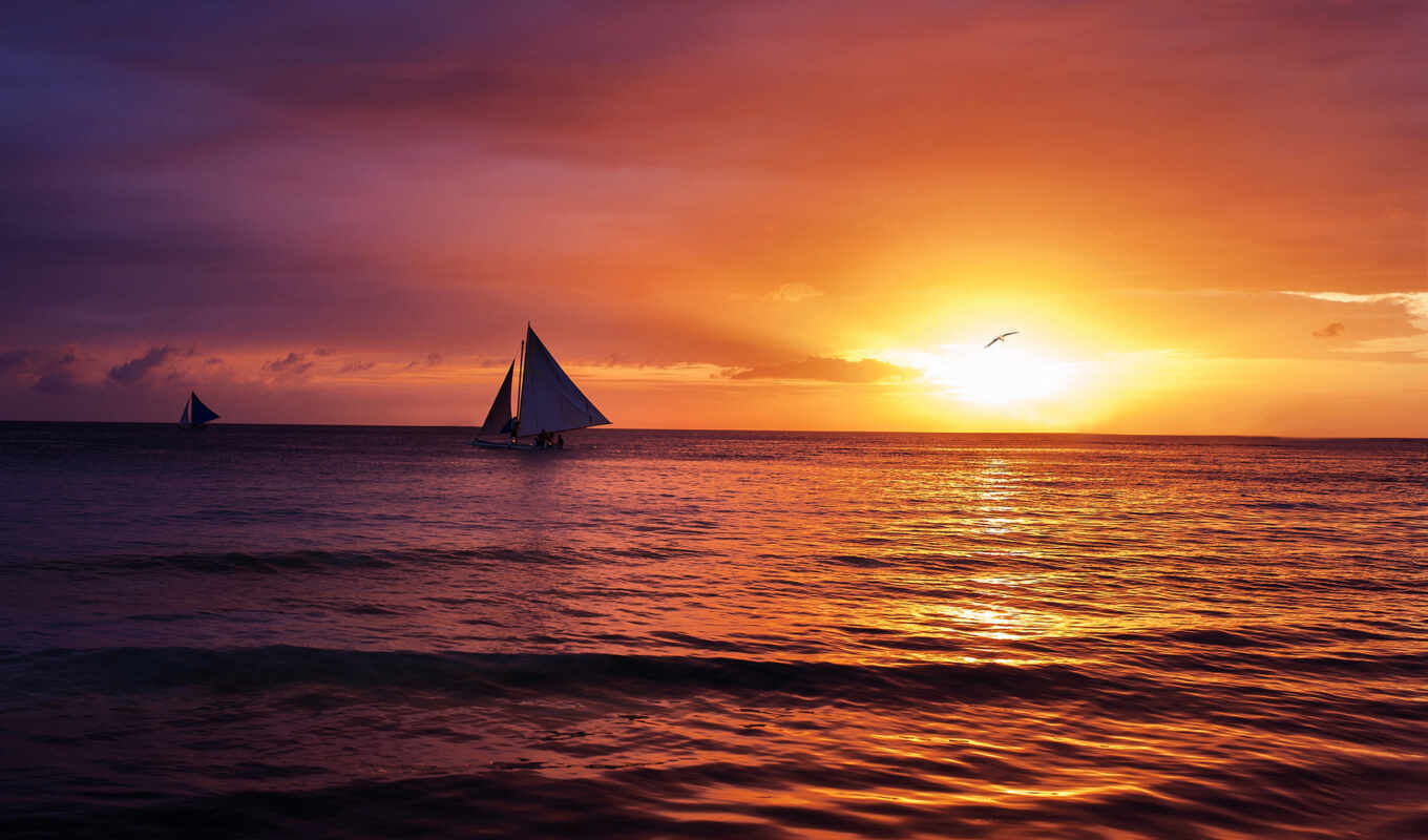 небо, sun, закат, море, настроение, sailboat, тучи