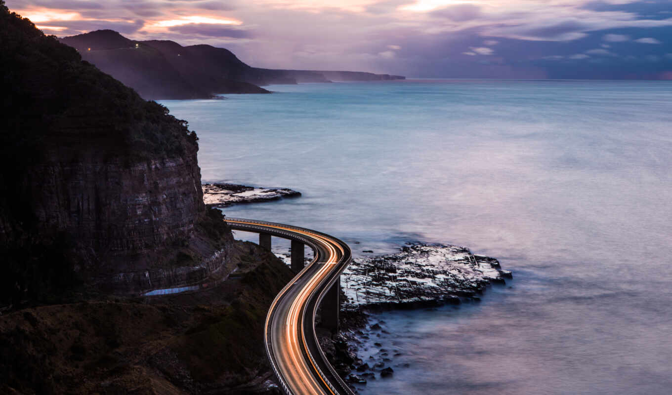 rocks, road, evening, sea