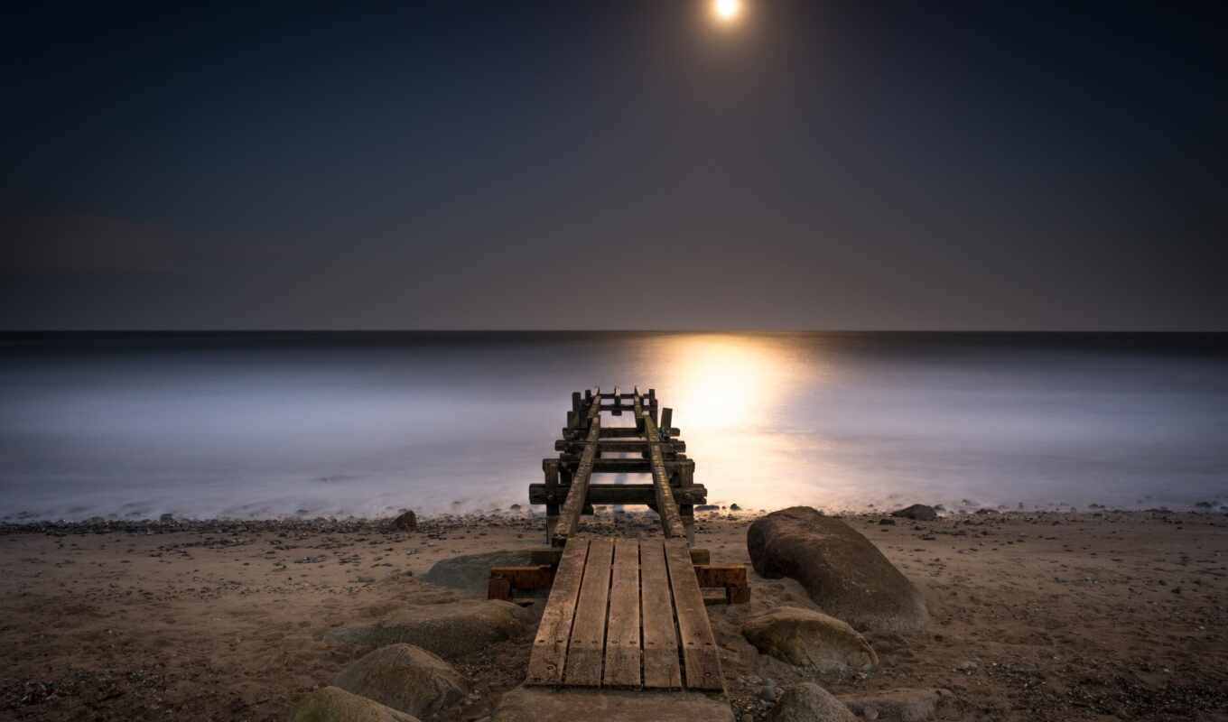 moon, sea, pier, baltic