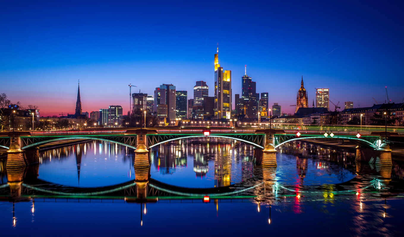 windows, widescreen, night, Bridge, skyline, Frankfurt