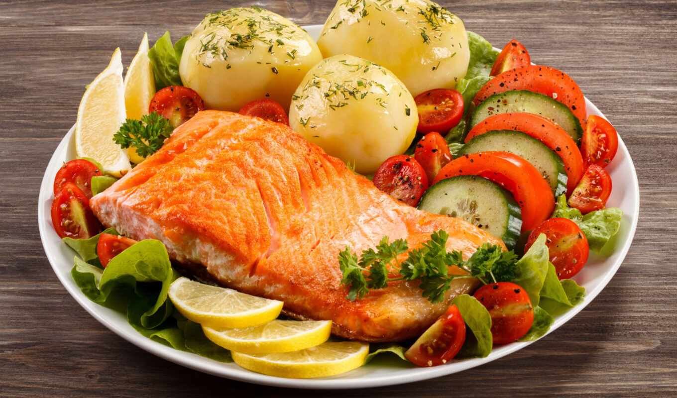 meal, oil, tomatoes, potato, dish, no, dishes, salmon, fill, hot