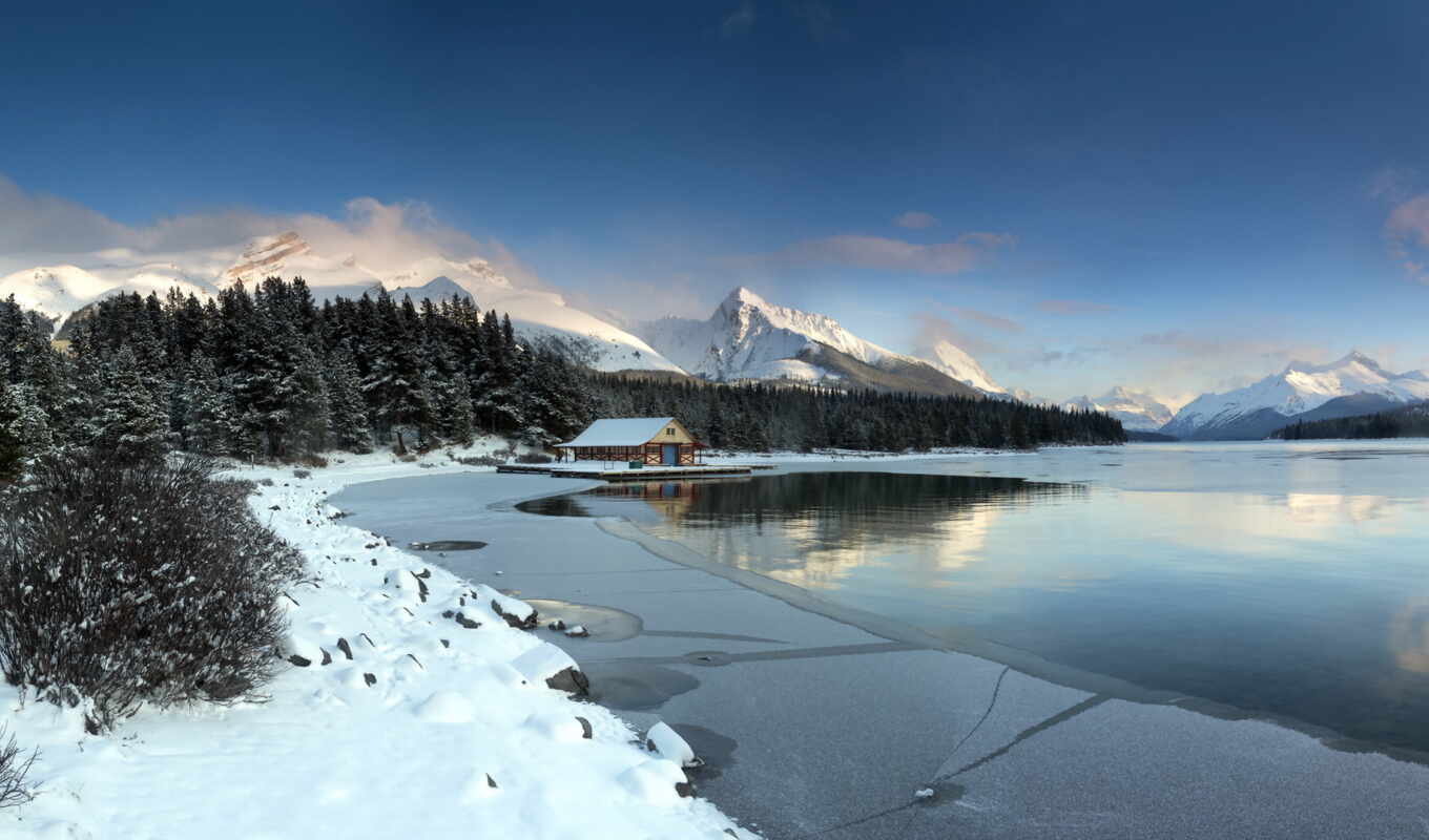 lake, at home, snow, winter, forest, landscape, lodge, around, fairy tale, winter, mountains