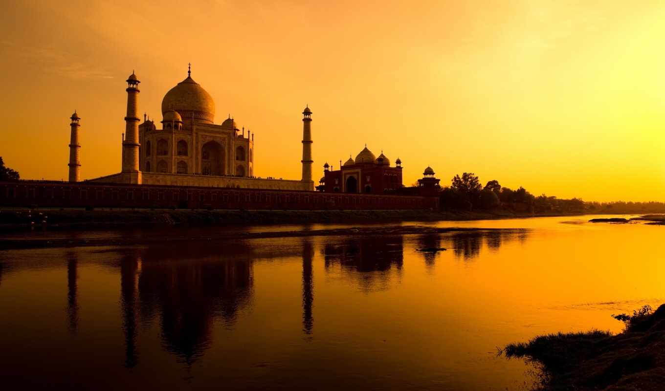 закат, храм, волна, mosque, landmark, indii, agr