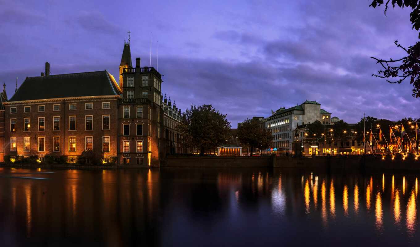 night, Netherlands, canal, image, screen, fond, house, hague, hofkapel, baeker