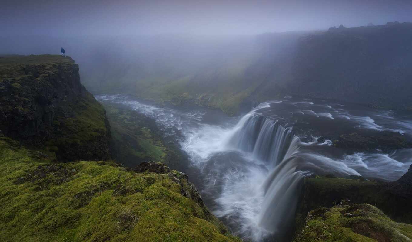 man, mountain, waterfall, fog