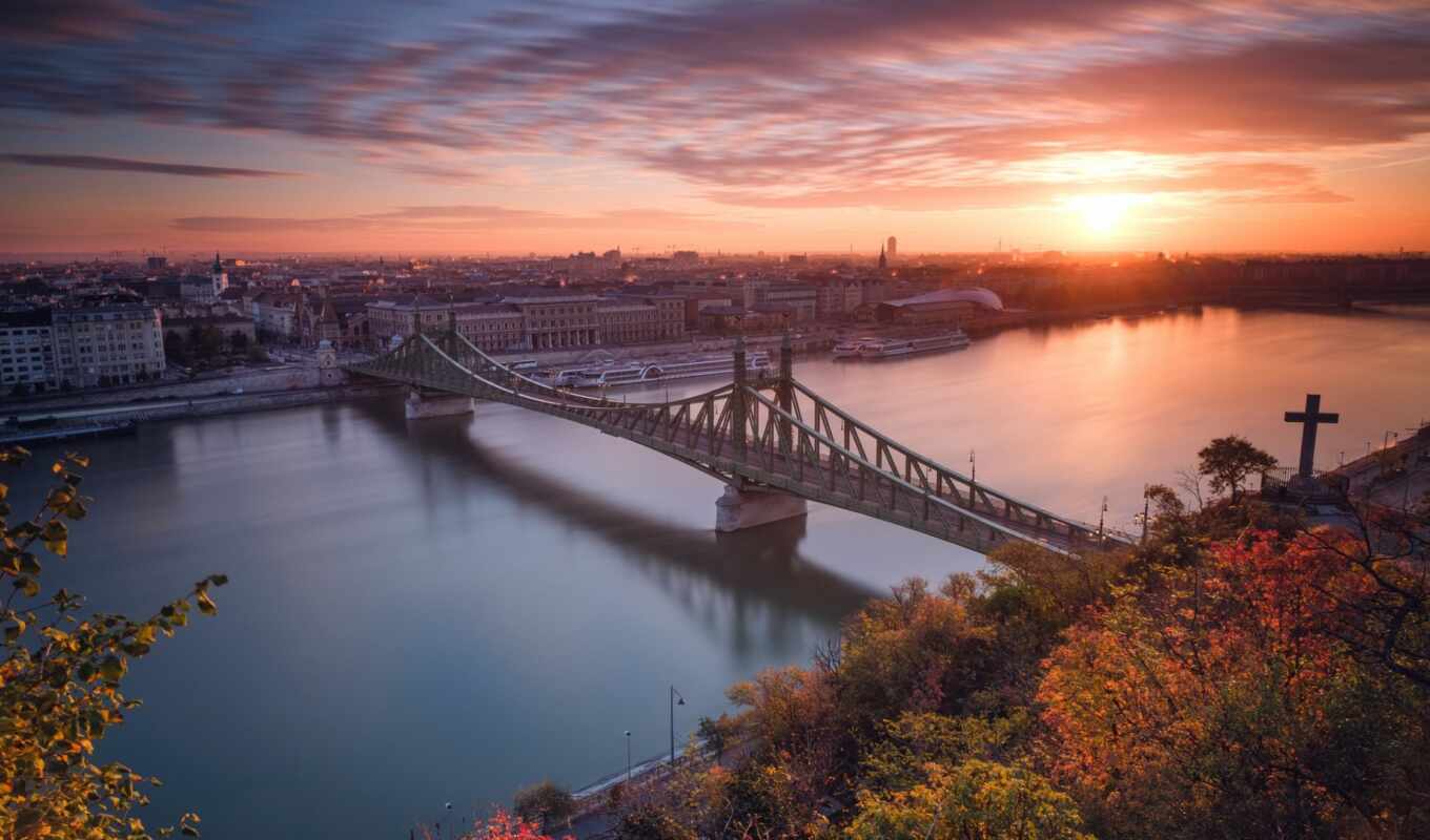 sunset, city, Bridge, autumn, river, budapest, hungarian, hungary, the danube