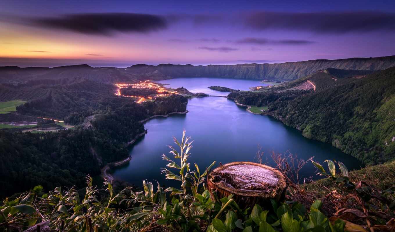 lake, nature, sunset, water, landscape, lights, sea, island, bay, portugal, azores