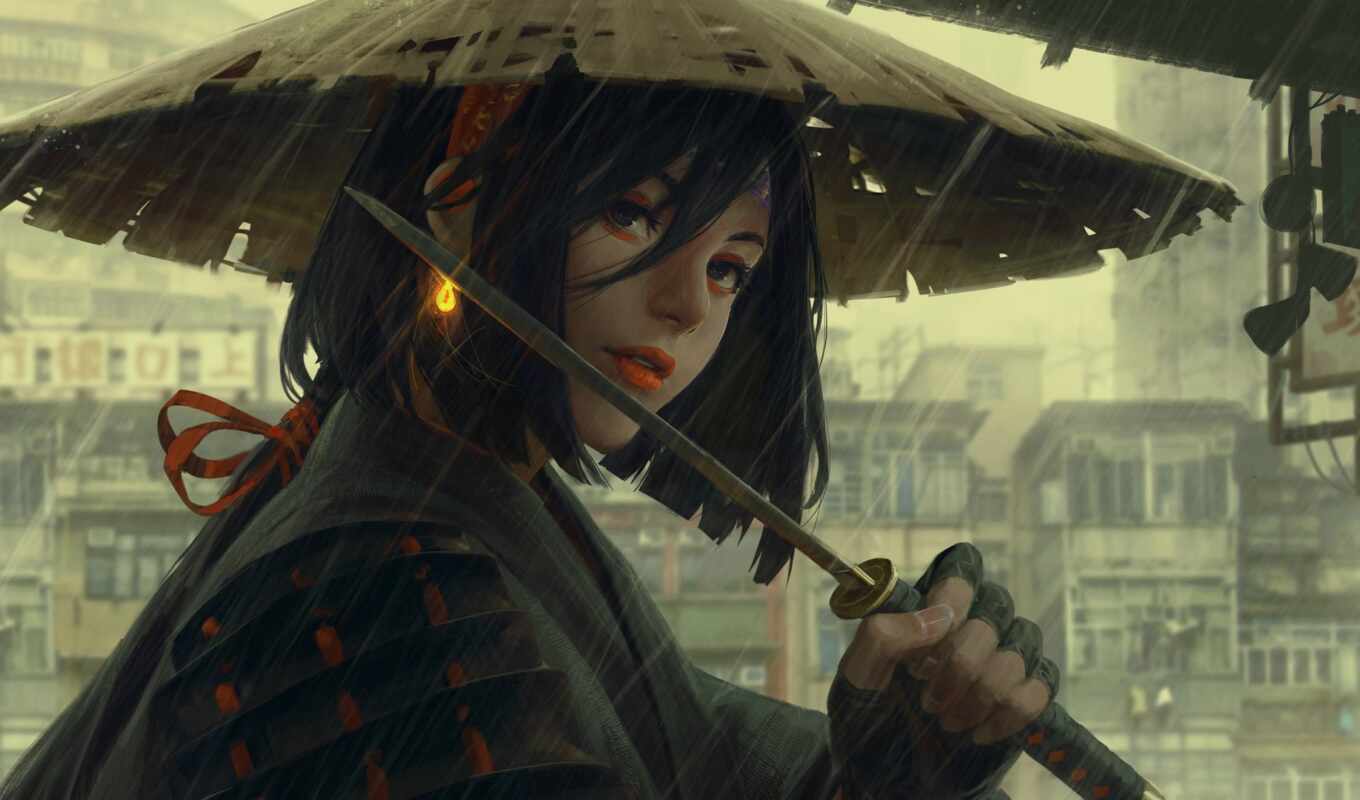 hat, girl, rain, samurai, armor