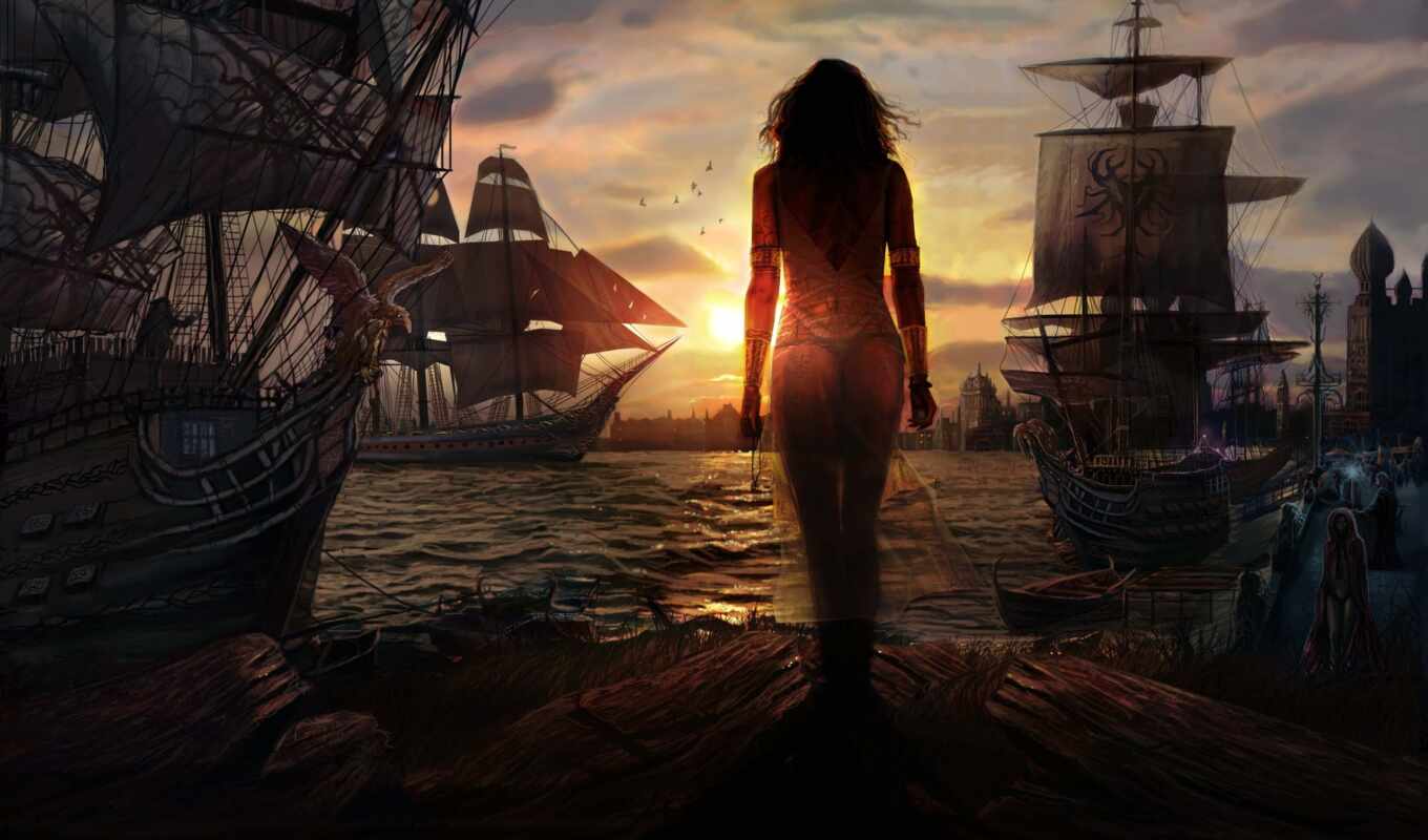 girl, sunset, sea, fantasy, ships, devushki