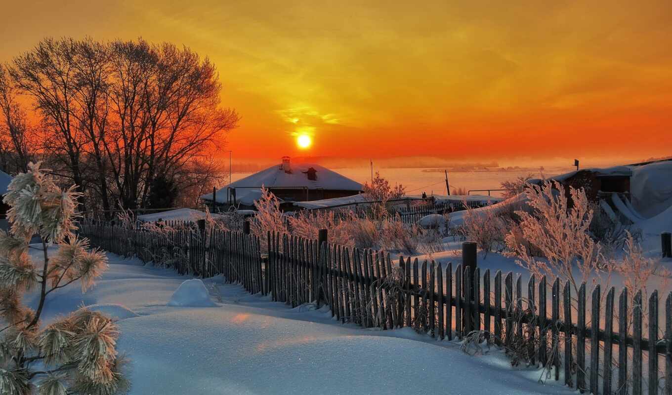 Russian, nature, dom, universal, the sun, landscape, snow, zakat, evening, winter, derevnya