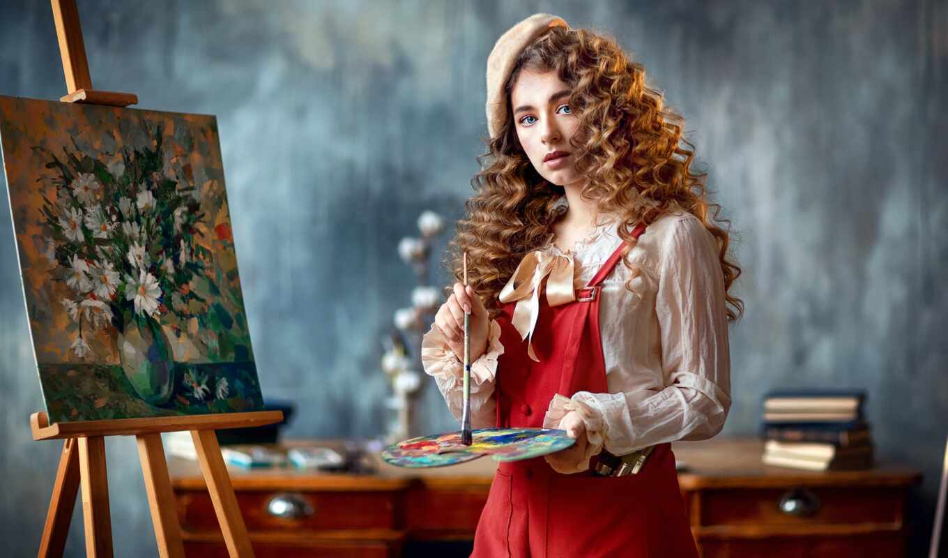 girl, picture, easel, an artist