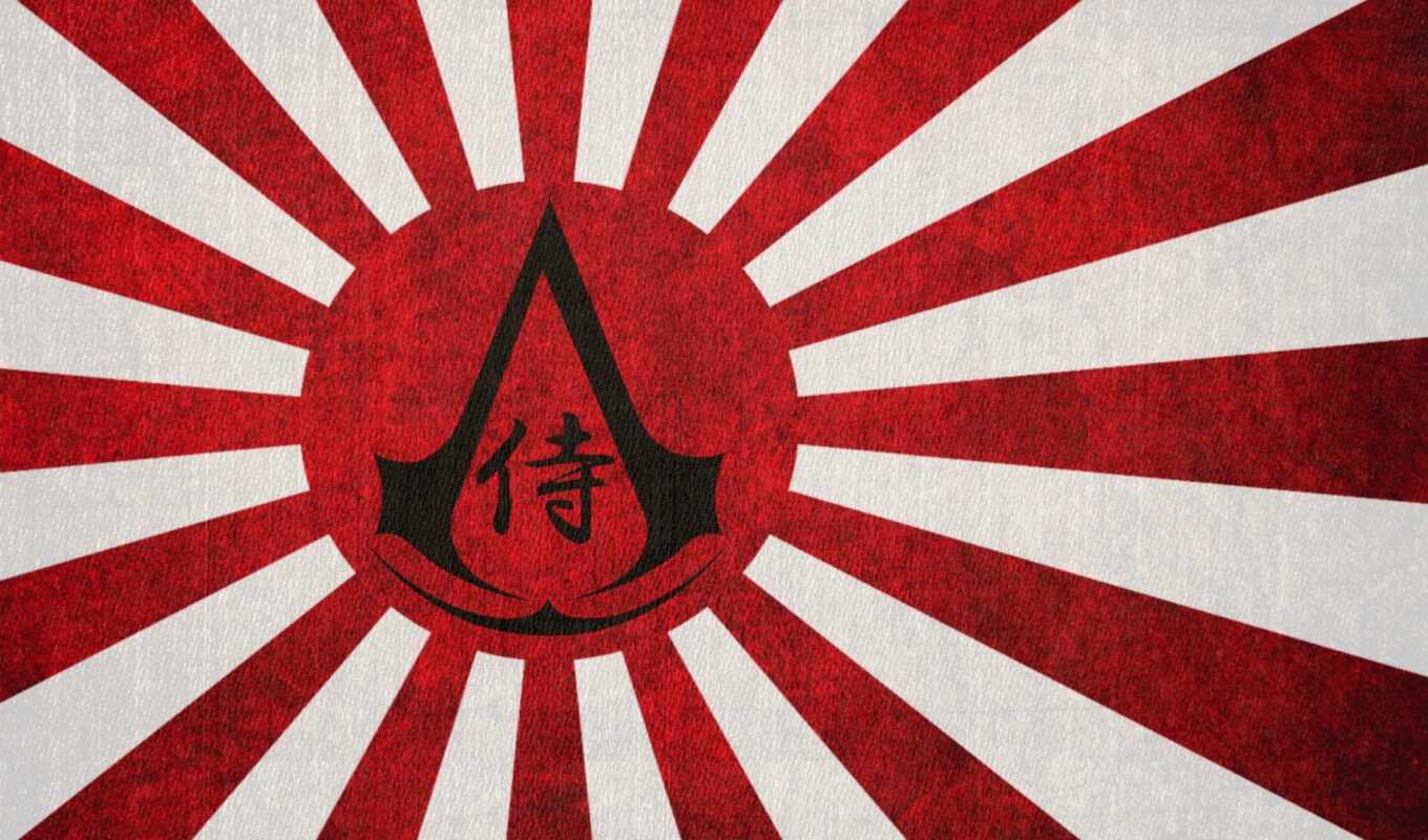 logo, black, game, red, pattern, japanese, creed, assassin, флаг, япония, знать