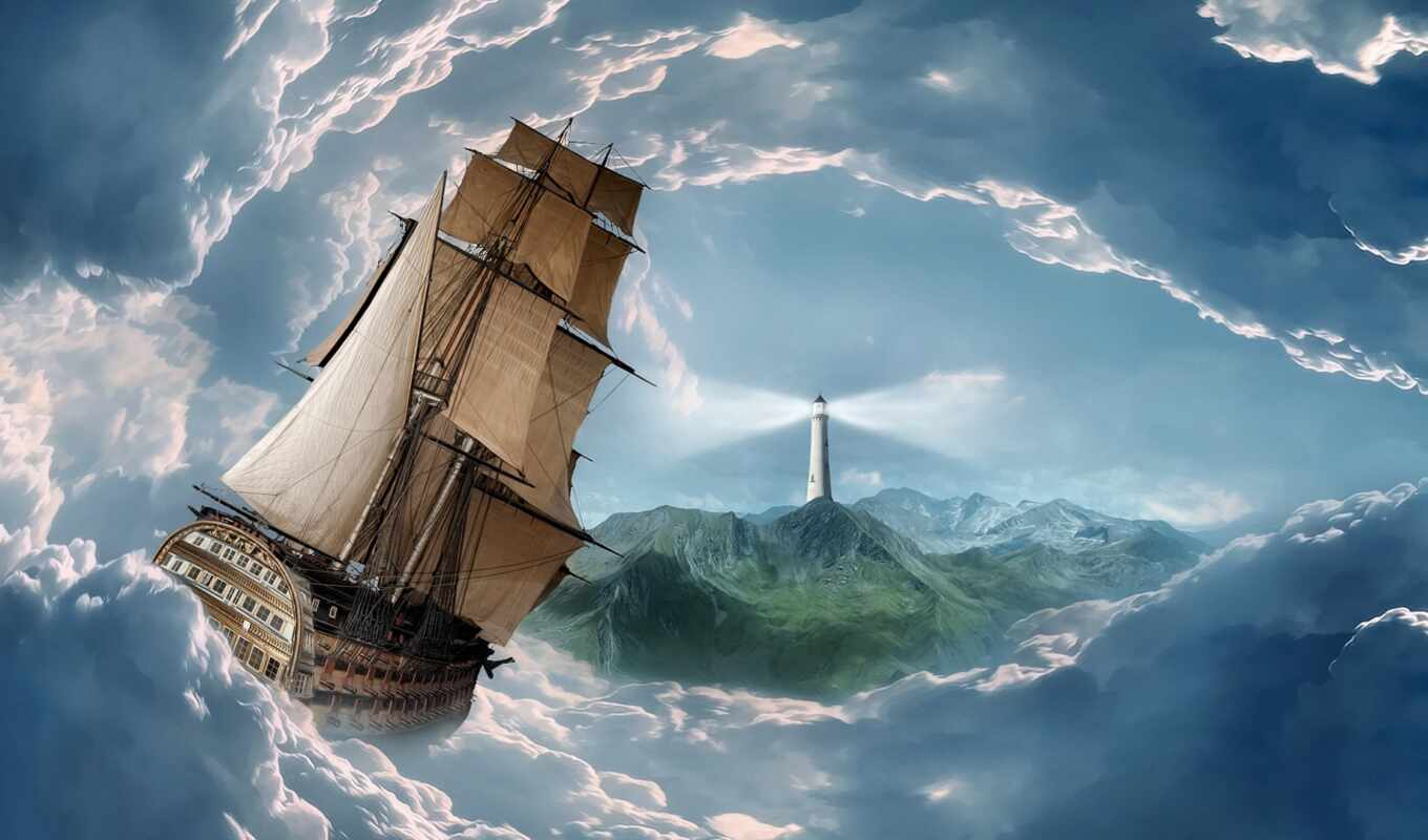 корабль, lighthouse, облако, парусник, арт, abstrakciya, sailboat