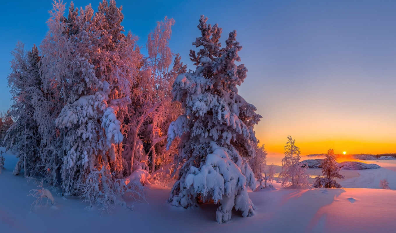 lake, sun, winter, karelia, Ladoga
