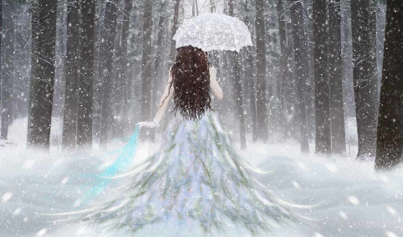 девушка, совершенно, снег, winter, лес, зонтик, зонтом