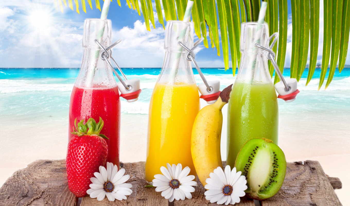 sky, sun, beach, sea, cocktail, strawberry, drinks, kiwi, cocktails, fruits