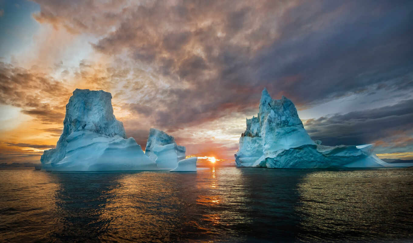 sunset, iceberg