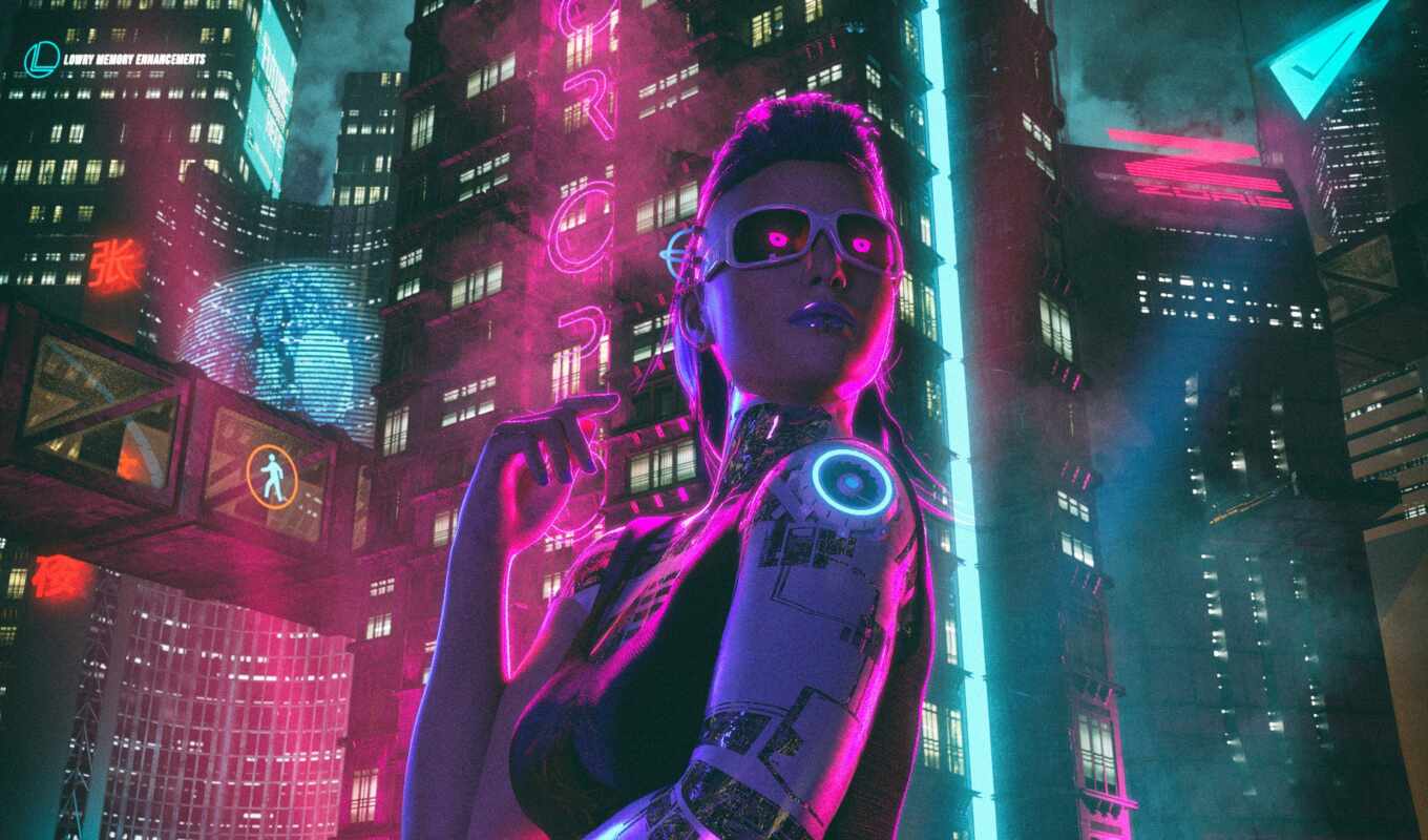girl, city, night, neon, cyberpunk, cyborg, synthwave, scus