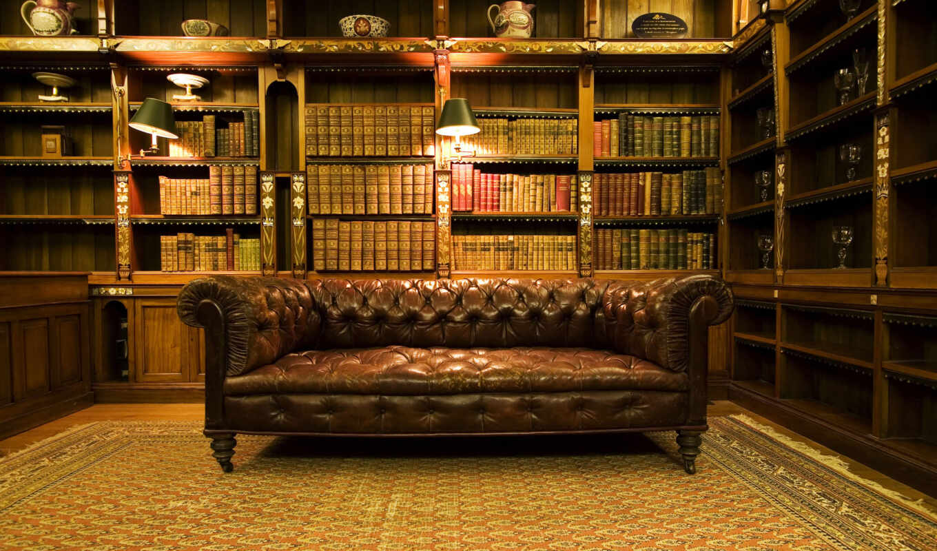 диван, интерьер, книги, старинный, лампы, библиотека, книг, стеллажи, кожаный, стеллаж