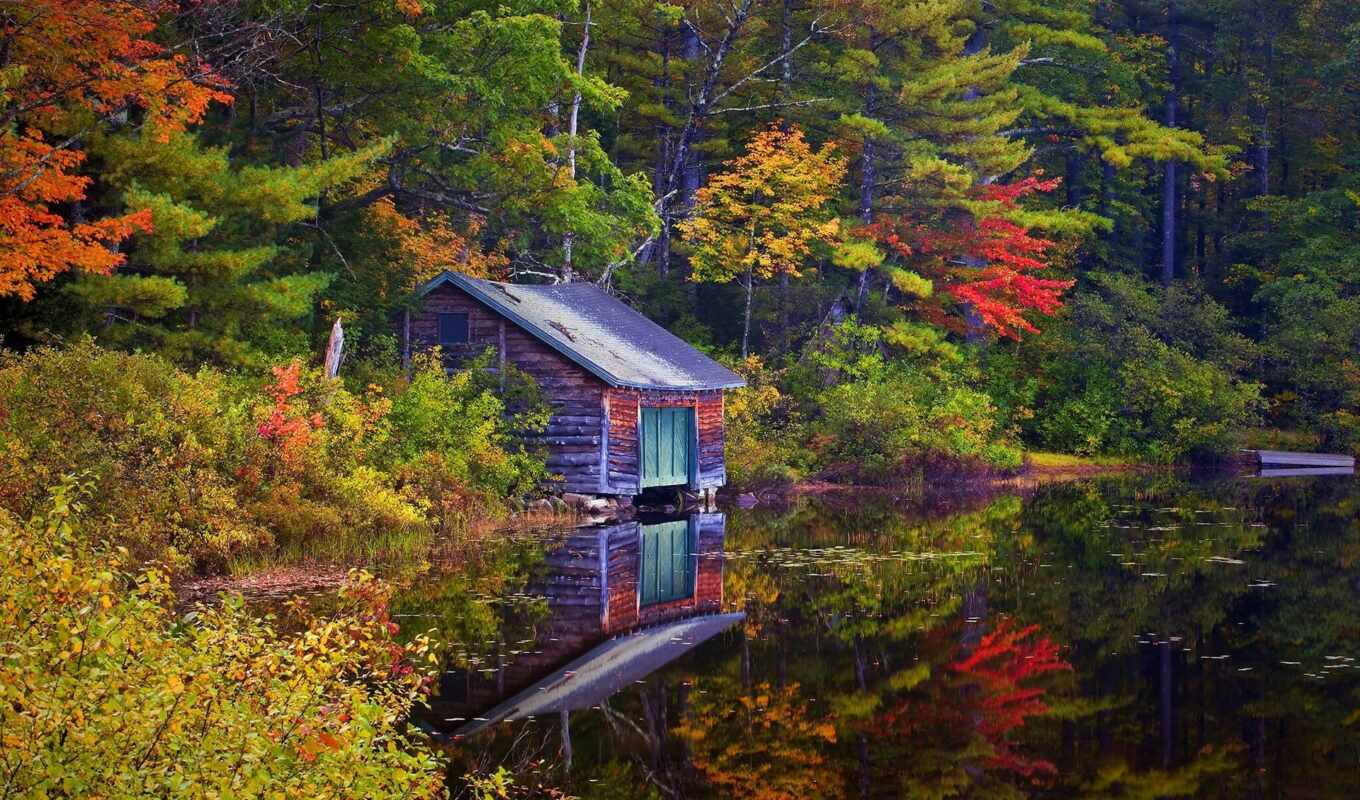 озеро, house, лес, landscape, осень, trees, озера
