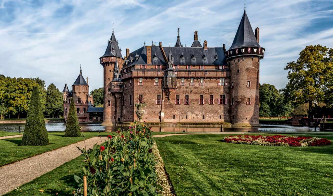 background, cities, castle, locks, pond, trees, holland, lawn, her