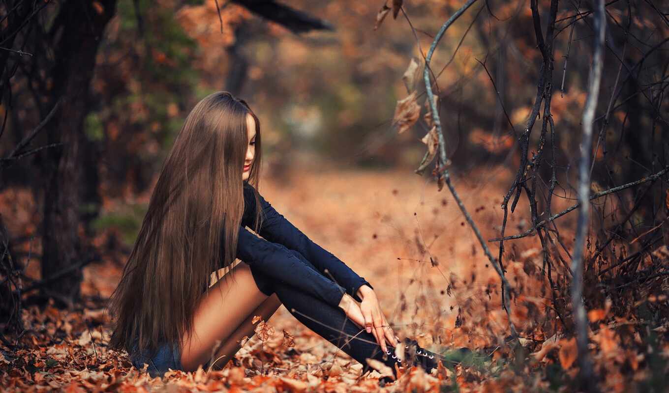 природа, девушка, женщина, лес, волосы, long, dark, красивый, sit, минут
