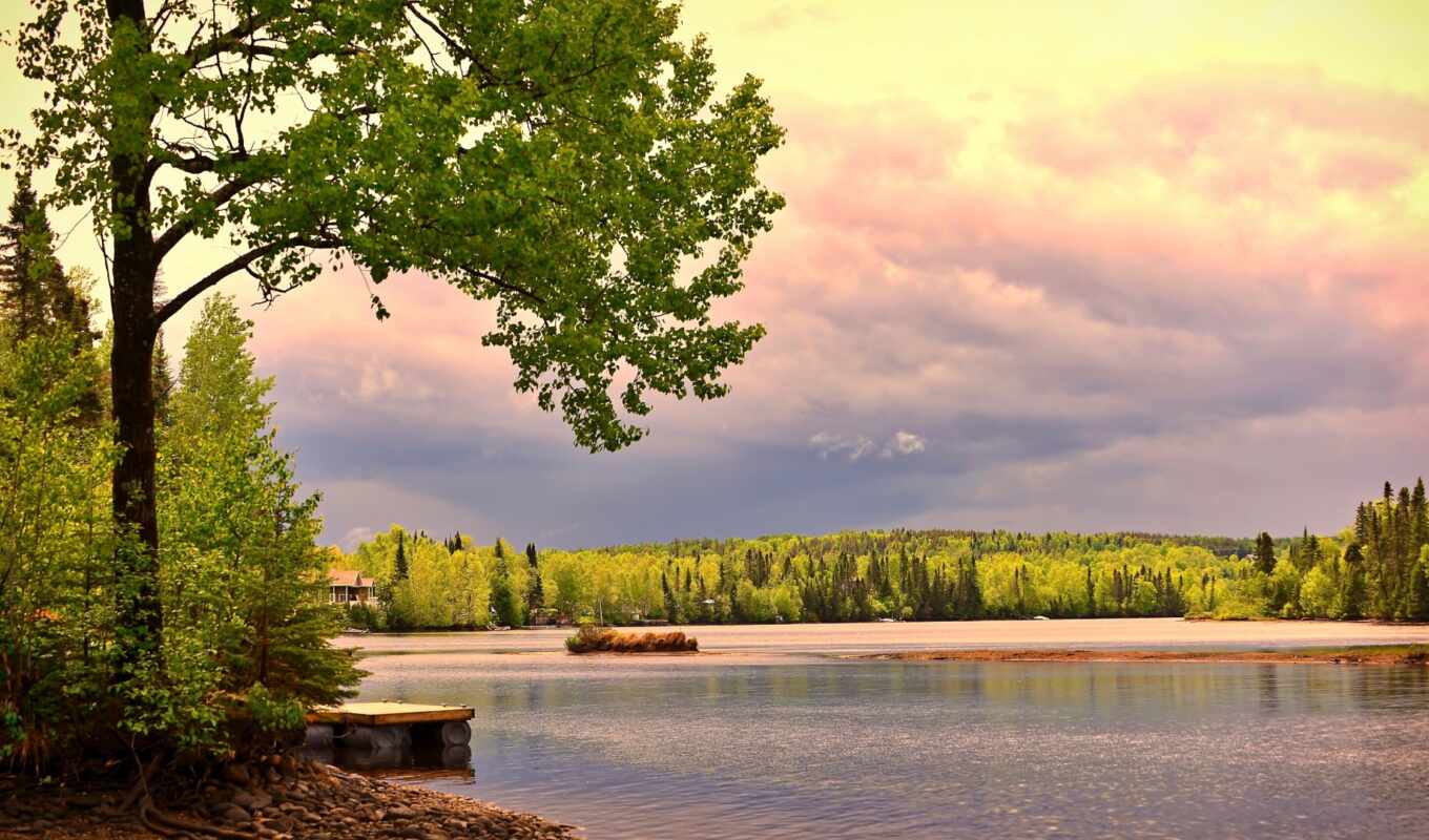озеро, природа, дерево, рассвет, landscape, канада, plus, eau