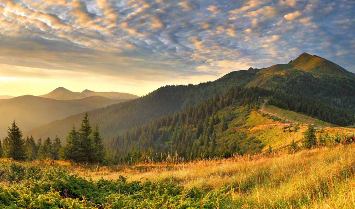 природа, свет, трава, гора, landscape, облако, утро, красивый, hill, shirokoformatnyi