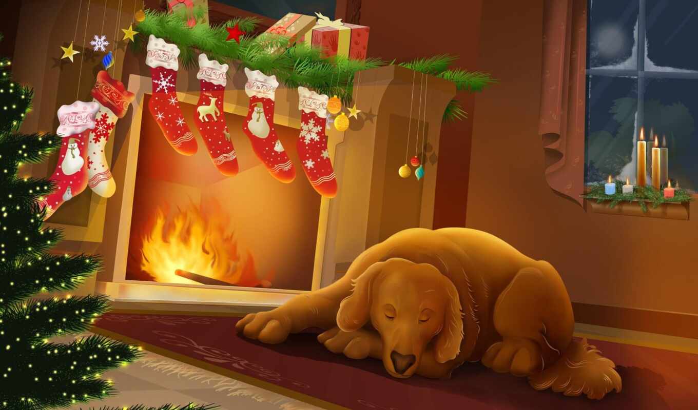 texture, new, night, fireplace, dog, christmas, anim, holiday, drawing, warm, new year