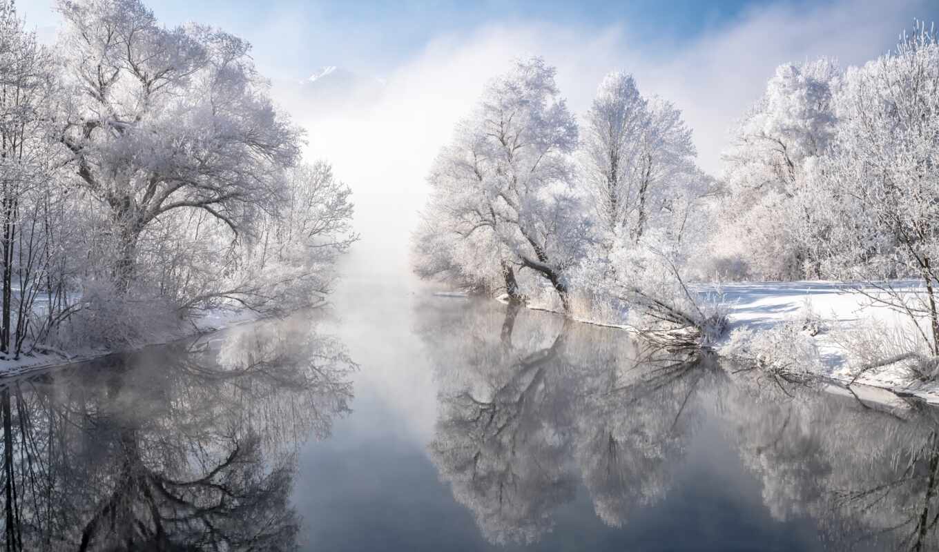 nature, tree, snow, winter, landscape, Germany, morning, river, reflection, bavaria, Bavaria