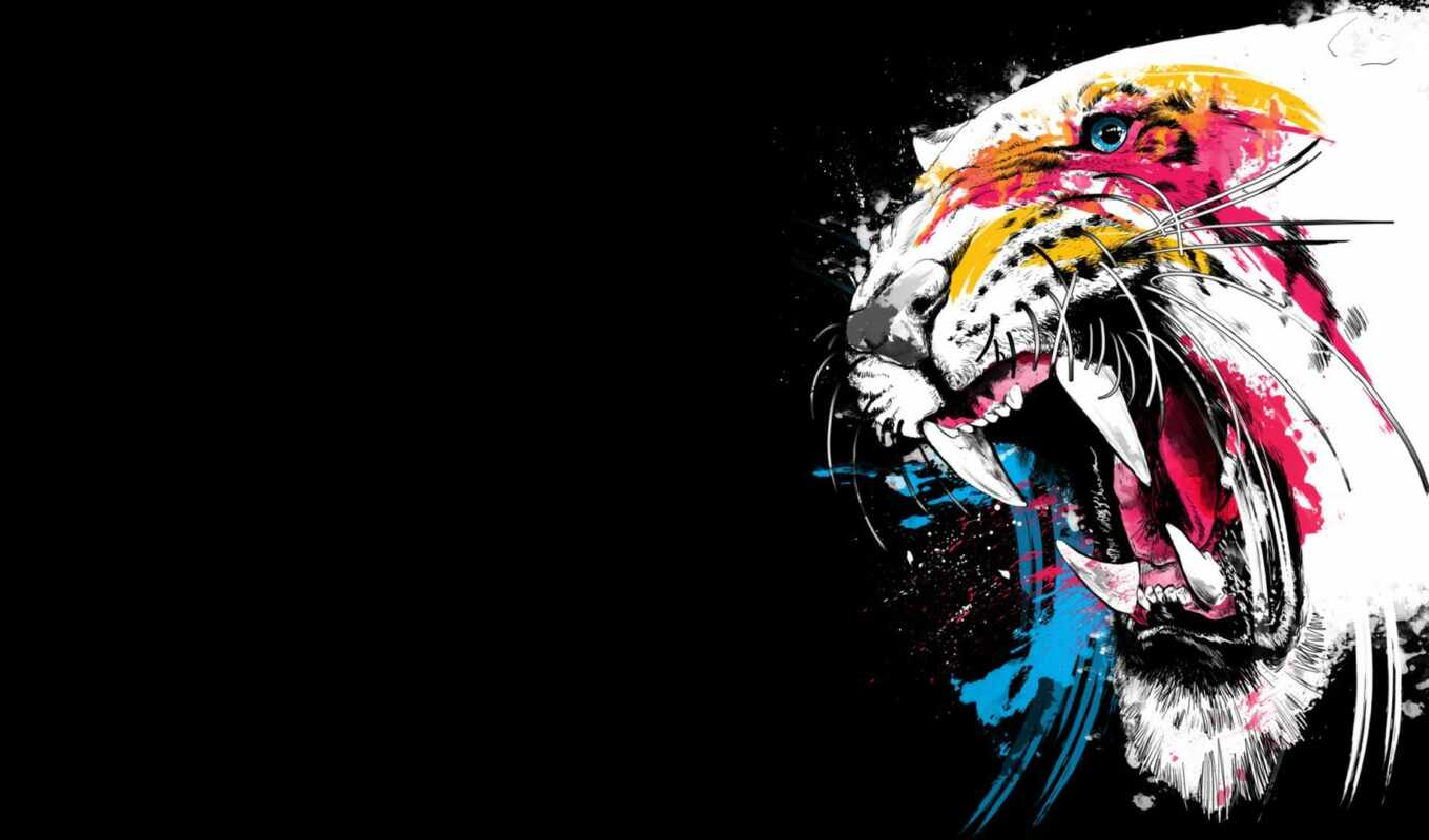 black, красочные, digital, глаза, тигр, рисованный
