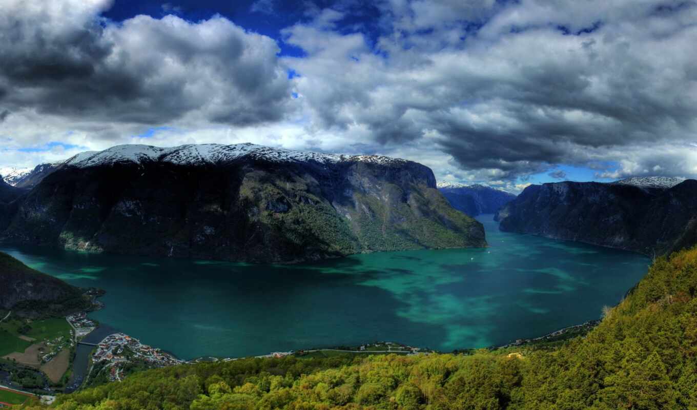 озеро, небо, fjord, oblaka, norwegian, горы, согне