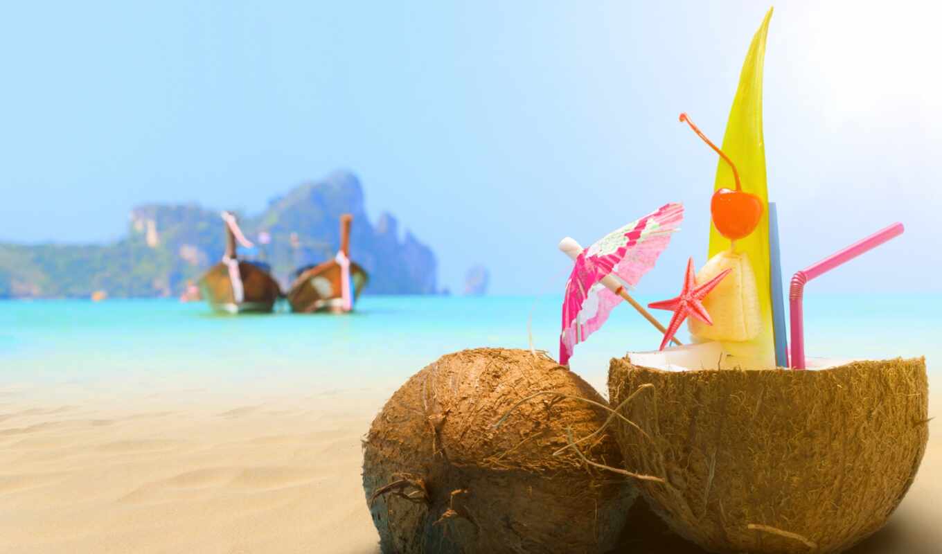 пляж, море, песок, коктейль, напиток, кокосовый