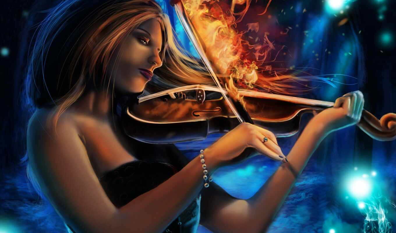 girl, fire, violin, art, fentezti