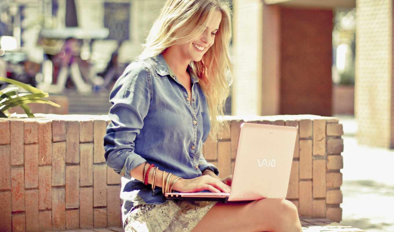 girl, a laptop, street, blonde