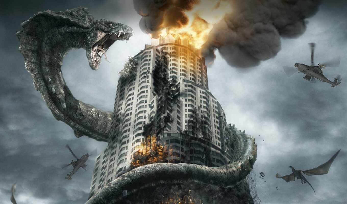 helicopters, kobra, giant, fire, snake, building