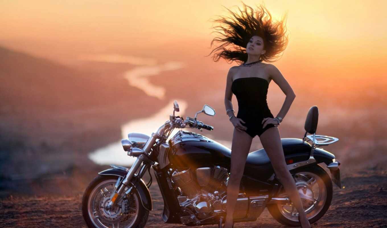 girl, bike, comments, sunset, motorcycles, river, devushki