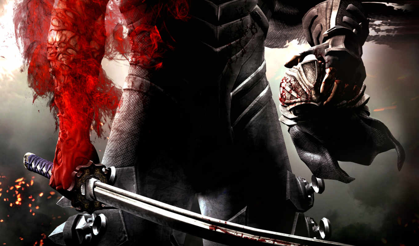 игры, воин, кровь, красное, оружие, меч, shadow, ninja, шлем, гайден
