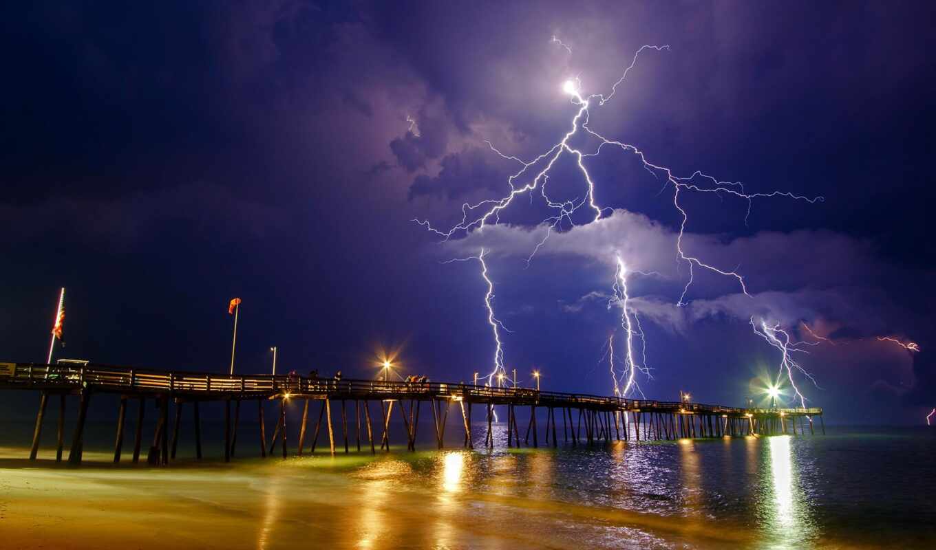 буря, море, pier, облако, lightning