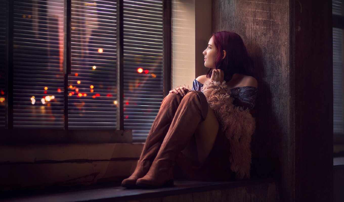 girl, window, evening