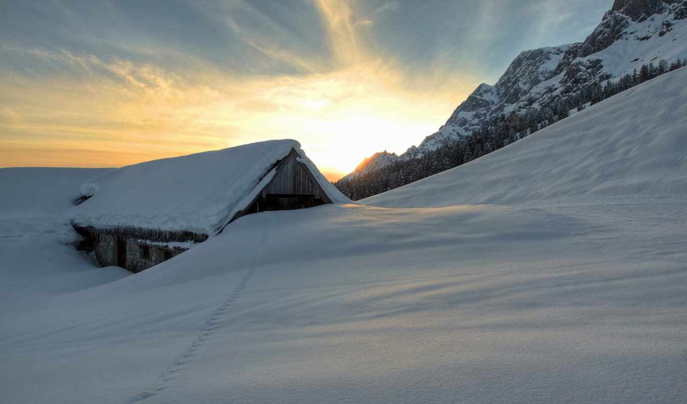 nature, sunset, snow, winter, mountain, cabin, barn