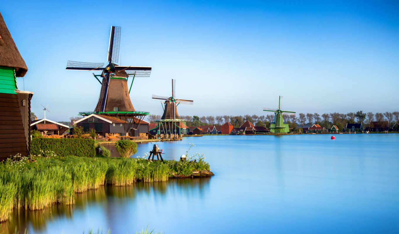 lake, nature, summer, city, Netherlands, canal, zaandam, mill, windmill, zaanse, schan